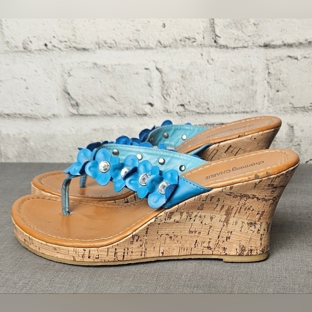 Charming Charlie Blue Floral Cork Wedge Sandals Size 8.5 Summer